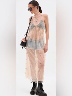 NEW RHINESTONE MESH MIDI DRESS Sheer in Nude and Silver. 
SIZE: L/XL